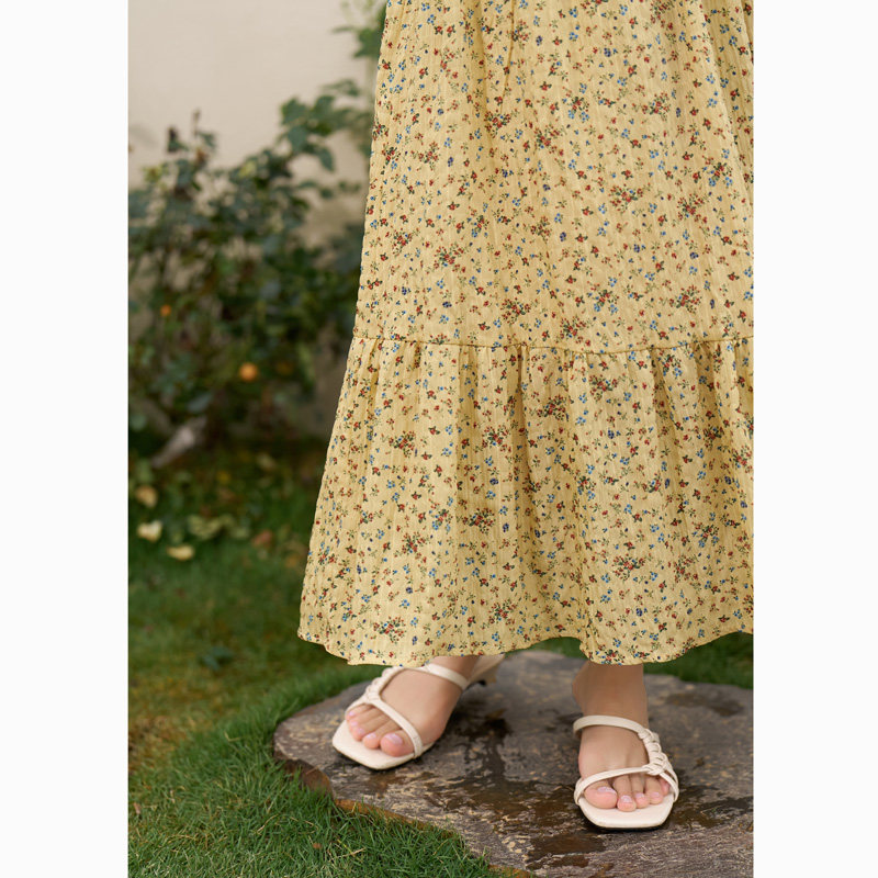 谜秀黄色碎花半身裙女夏季韩版高腰显瘦中长款百褶裙子MXC33B0050