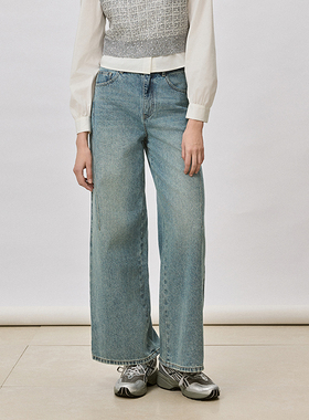 pit复古美式阔腿牛仔裤女2025春季宽松高腰直筒牛仔裤-101D510192