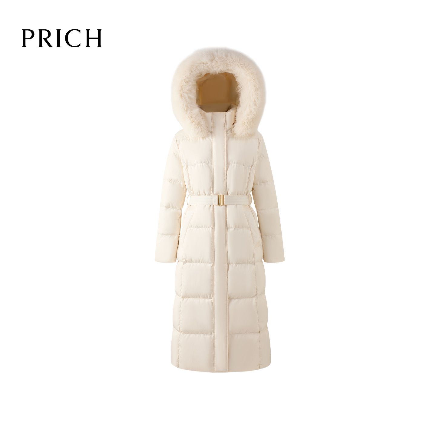 【90%鹅绒】PRICH时尚连帽蓬松毛领收腰保暖长羽绒服2025冬新款女PRJDF4V02M