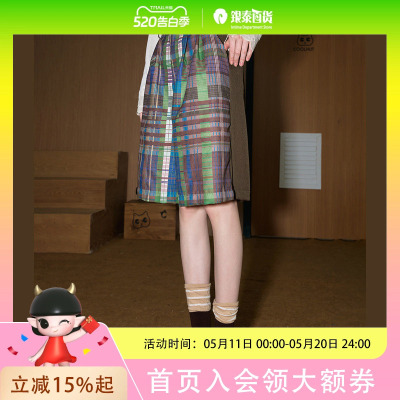 COOLHUT撞色拼接格子休闲复古校园2025春季新款女式休闲裤中裤