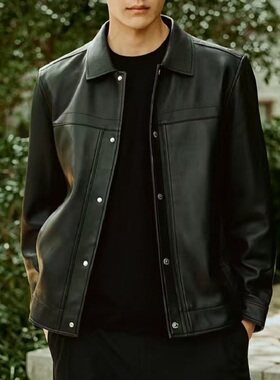 【锋度皮衣】太平鸟男装绵羊皮压印夹克秋款真皮外套B1BDF4F04&