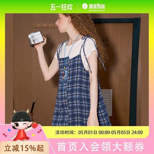 coolhut慵懒风格纹薄纱系绳吊带连衣裙夏女式背心小众不规则