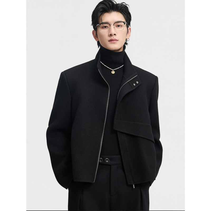 伯爵卓尔25秋冬设计感全羊毛双面呢夹克外套男垫肩短款毛呢大衣