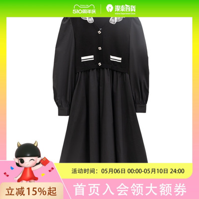 pit 黑色翻领拼接时尚长袖连衣裙107C330115