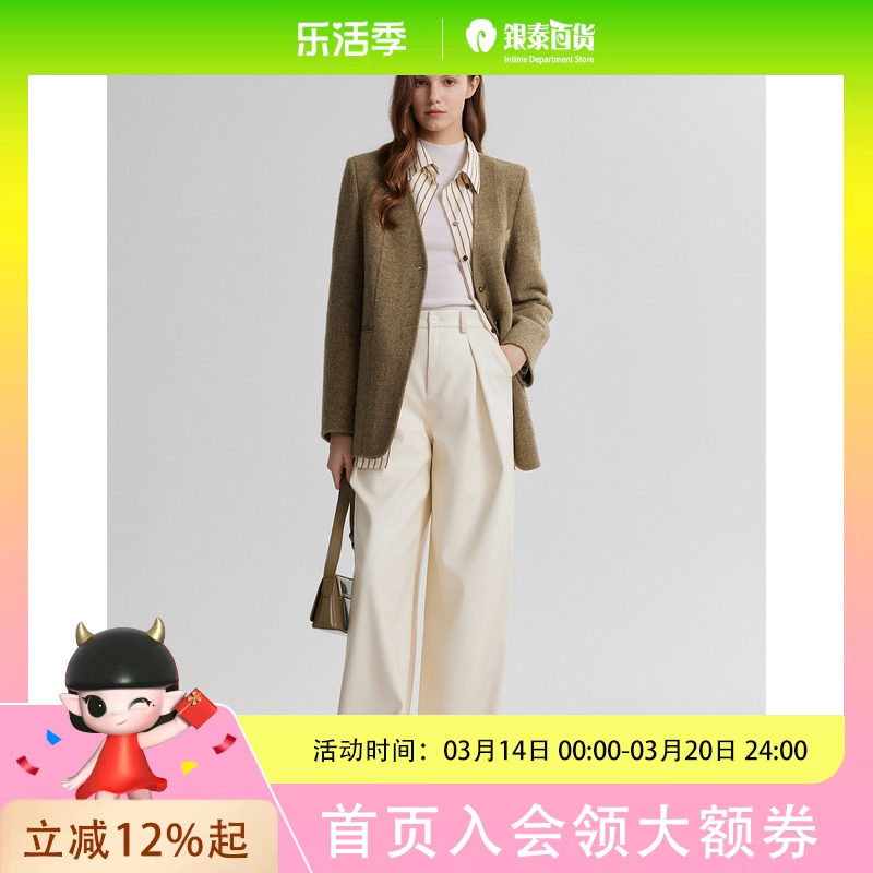 ELLE绵羊毛混纺西装毛呢大衣女2024冬季款高级感小个子毛呢外套