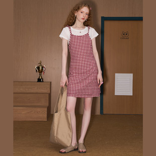 COOLHUT美式 新连衣裙甜美垂感显瘦 田园风红色格子吊带裙2025夏季