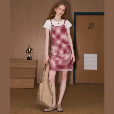 COOLHUT美式田园风红色格子吊带裙2025夏季新连衣裙甜美垂感显瘦