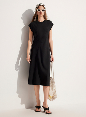 ELLE黑色高级感显瘦圆领连衣裙女2024夏季小个子中长款裙子EL48476