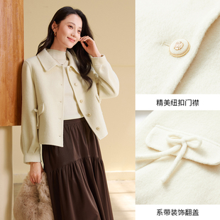 香影白色短款双面呢羊毛大衣女2025冬季新款蝴蝶结小个子毛呢外套