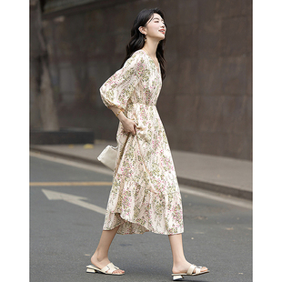 浪漫格调 女式 夏季 垂顺花瑶绉印花荷叶摆波点泡泡袖 连衣裙G540321530201 法式 dme德玛纳