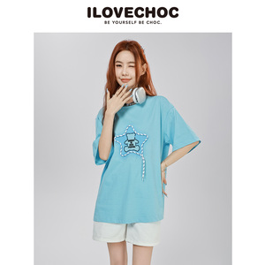 ILOVECHOC2025夏季发泡熊印花宽松短袖t恤女式oversize上衣潮