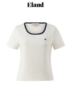 Eland衣恋T恤女撞色U领 短袖通勤上衣EERAF24E02