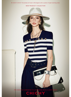 CHICHY法式复古名媛条纹短袖毛针织衫CW0C006252（藏蓝色）