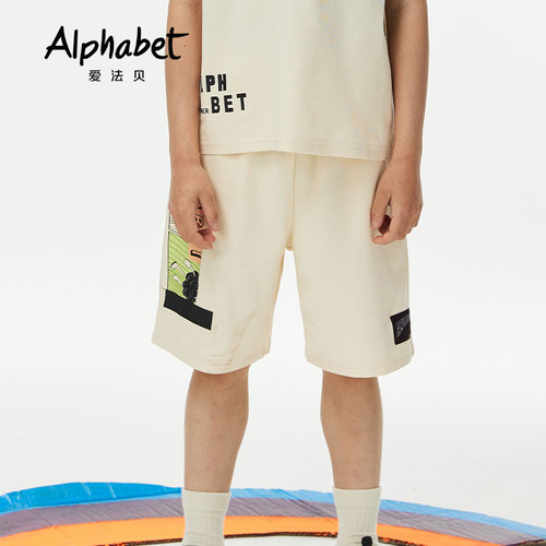 Alphabet爱法贝童装夏季男童创意印花凉感透气浅米色中裤182B215