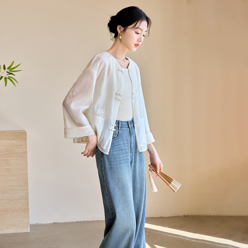 香影新中式国风薄外套女2025夏秋款刺绣白色开衫上衣外搭衬衫