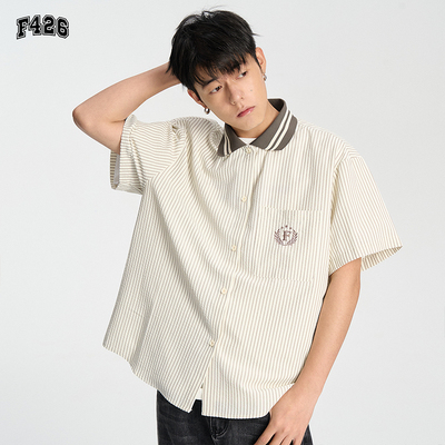 【F426】国潮牌情侣夏季复古学院条纹短袖衬衫BDCS24SS-5845