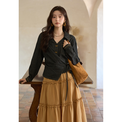 谜秀早秋复古黑彷牛仔衬衫2025系带短款高级感外套女MXE42C2374