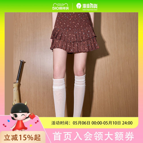 coolhut复古甜美田园碎花百褶裙短裙彩印2025夏季半截裙气质印花