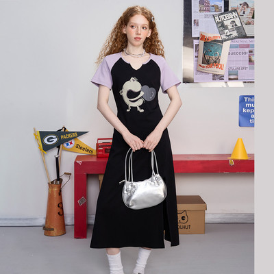 coolhut拼色爱心印花插肩袖修身休闲显瘦2025夏季连衣裙短袖少女