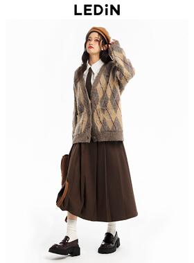 乐町学院风半身裙 咖色百褶长裙C1GFD4206