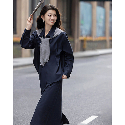 dme德玛纳微磨毛纯棉套装极简风翻领上衣直筒宽松半身裙式两件套