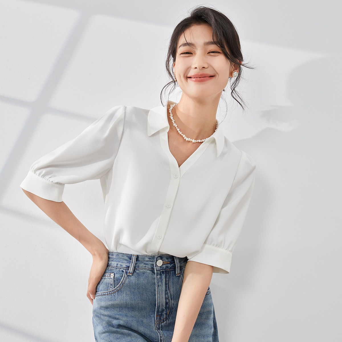 【曼&middot;贝】法式V字翻领灯笼袖衬衫女时尚夏季短袖休闲上衣大码通勤女式衬衫8392115