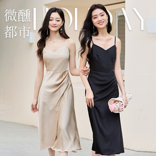 香影法式 仿醋酸缎面鎏金收腰v领裙 绝美吊带连衣裙女2024秋季