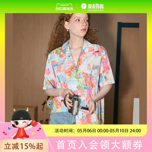 COOLHUT小众夏日复古油画印花休闲2025夏季女式衬衫宽松花衬衫设计感