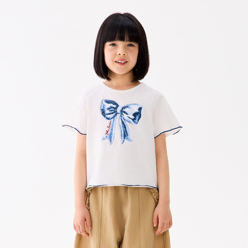马拉丁童装儿童T恤夏女童大童复古画报蝴蝶结短袖T恤525316120D