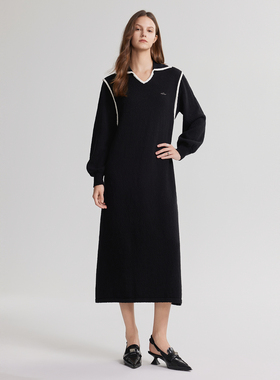 ELLE纯棉高质感连衣裙女2024年秋季款优雅气质翻领撞边T恤裙女EL49369