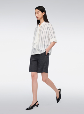 【重磅真丝】OVV2024春夏女装22MM素绉缎条纹中袖衬衫GNECJ24009A