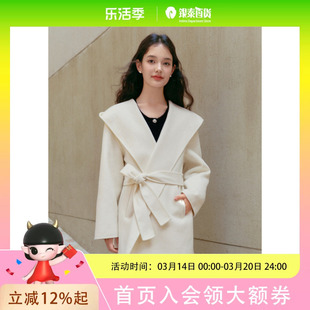 乐町甜美少女浴袍式双面呢大衣2024冬季连帽斗篷羊毛呢子外套