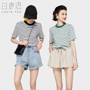 t恤上衣女HU50059 宽松显瘦短袖 白鹿语条纹撞色圆领T恤夏款 简约经典