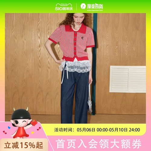 coolhut小众复古Polo领泡泡袖针织短袖菱形格撞色2025夏季针织衫
