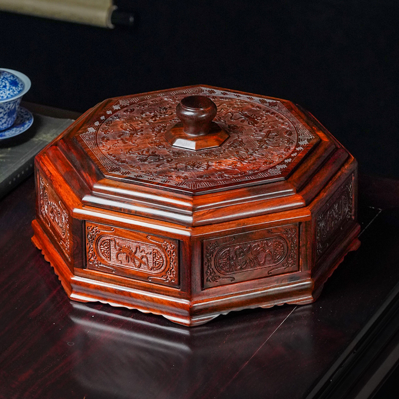 老挝大红酸枝果盘 红木中式复古干果盒 实木糖果盒零食盒分格带盖