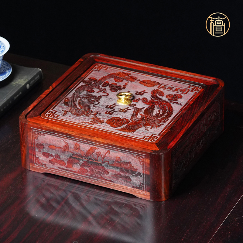 红木大红酸枝干果盒家用客厅茶几摆件实木糖果瓜子盘分格带盖果盘