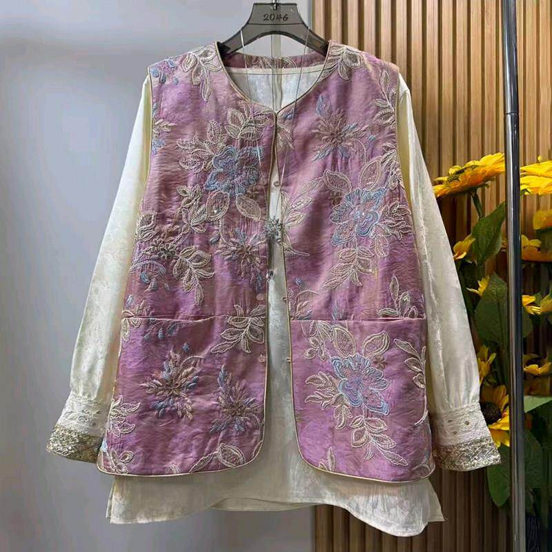 胖妹妹大码女装春季新款时尚刺绣国风马甲搭配新中式拼色袖口小衫
