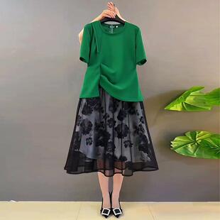 大码女装不规则短袖上衣胖mm显瘦花朵网纱裙2026春季新款百搭衬衫