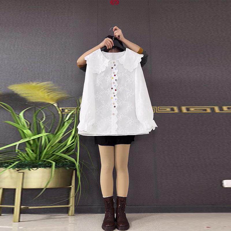 胖妹妹娃娃领彩色纽扣长袖衬衫大码女装学院风减龄白色小清新上衣