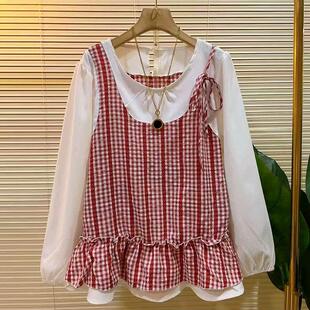 2026春季新款拼格假两件小衫胖mm显瘦单侧吊带上衣减龄大码女装潮