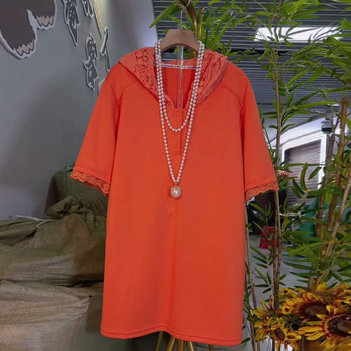 大码女装连帽蕾丝拼接短