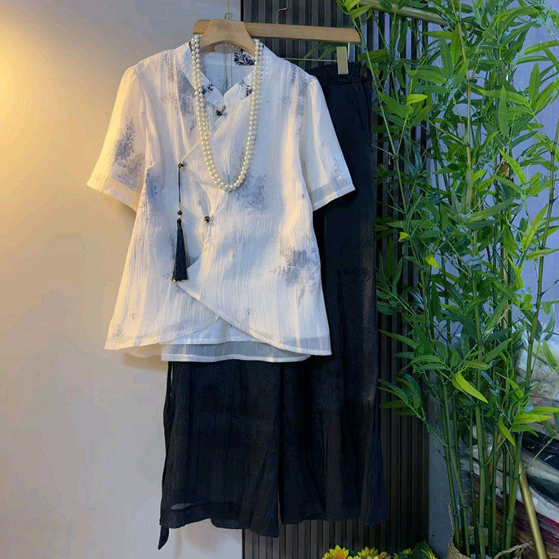 新中式风大尺码女装夏季两件套盘扣上衣阔腿裤套装优雅国风流苏衬