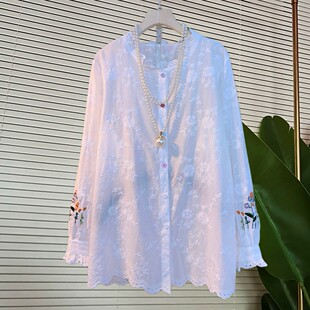 国潮风春季新品刺绣提花复古显瘦衬衫时尚百搭高级感花边领衬衫