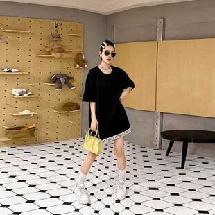 设计感百搭T恤衫 加肥拼色花纹底摆短袖 韩版 女装 上衣宽松显瘦大码