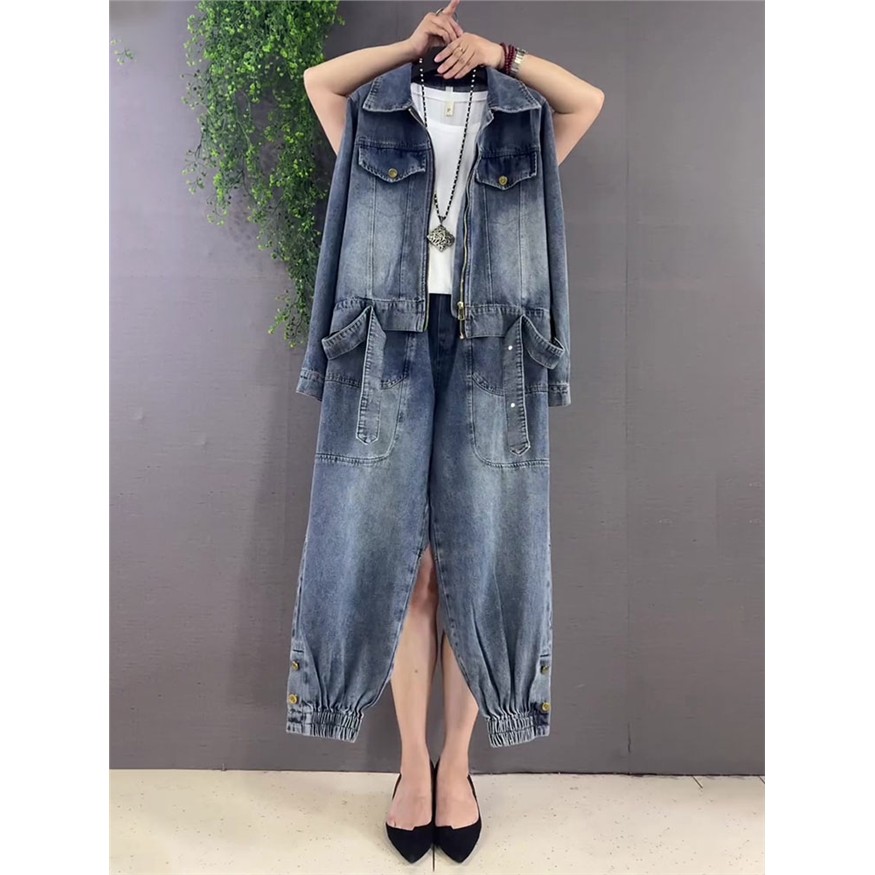 大码女装减龄时尚牛仔外套收脚牛仔裤套装长袖纯色打底上衣两件套