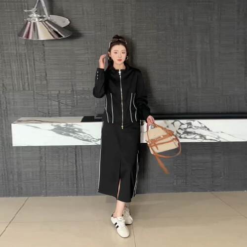 胖妹妹立领拉链拼色条长