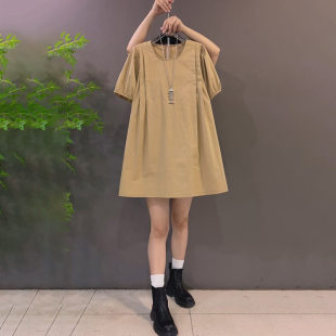 夏季简约圆领泡泡袖洋装夏季新款大尺码女装胖妹妹A版宽松显瘦裙