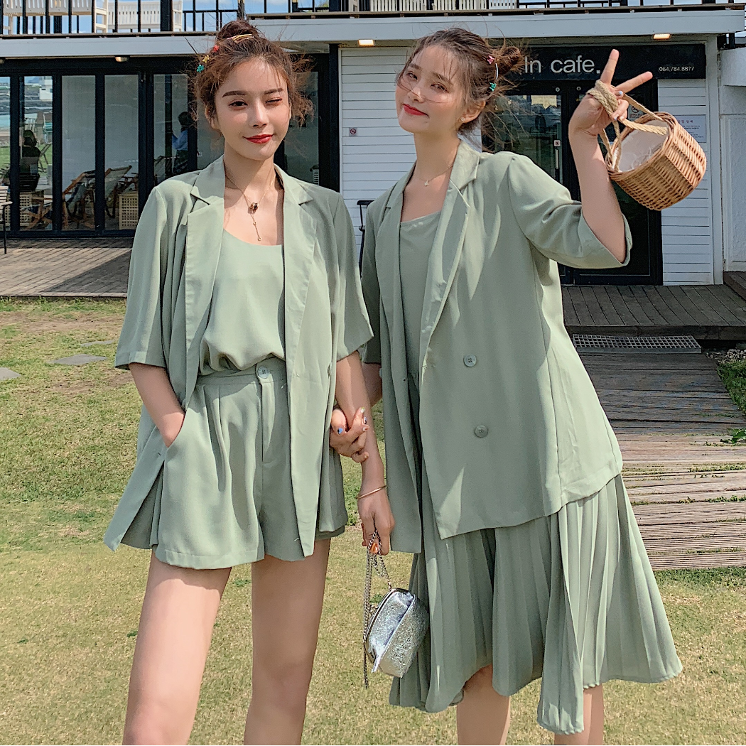 热销2件包邮原创夏装新款闺蜜西装半袖清凉垂感