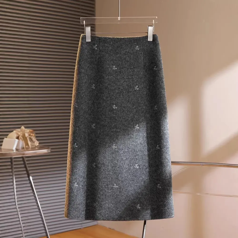 超好看半身裙女冬季2025新款蝴蝶结印花毛呢a字裙百搭显瘦裙子