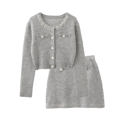 欧货法式小香风名媛风重工钉珠针织开衫上衣半身裙两件套装新2026